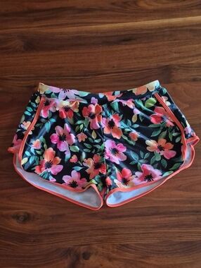 2 PAIRS of Women’s Floral SWIM Shorts - Black with Coral/Hot Pink Trim (L)